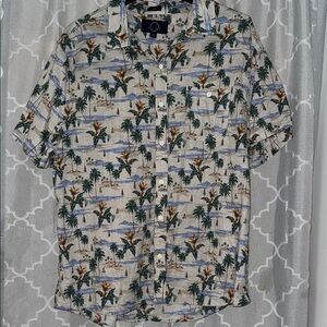 Green and Blue Casual Button Down Shirt with Artistic Design